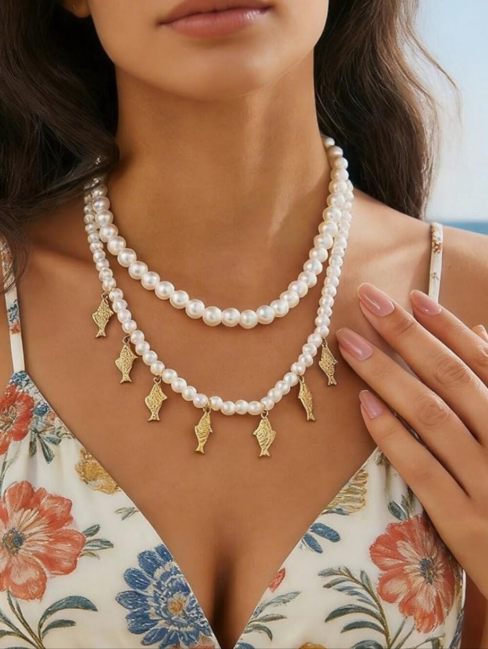 Pearl Layered Necklace with Gold Fish Charms - White